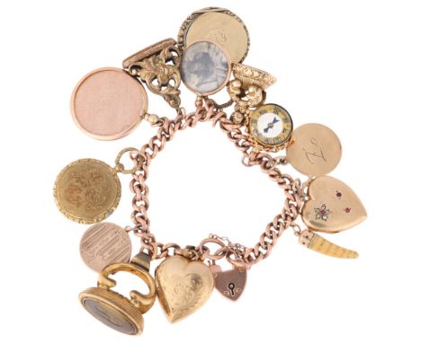 An Antique 9ct rose gold solid curb link charm bracelet, with 13 charms including Georgian hairwork locket, 9ct gold tag, hea