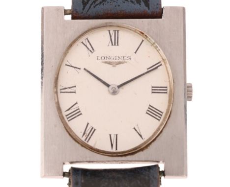 LONGINES - a Vintage stainless steel mechanical wristwatch, ref. 8099, circa 1969, oval silvered dial with black Roman numera