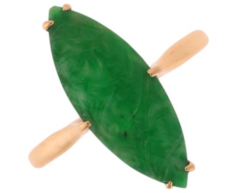 A Chinese 18ct gold jade panel ring, maker WH, set with carved marquise cabochon jade depicting birds and flowers, setting he