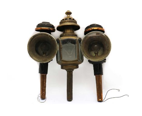 A pair of copper mounted coach lamps,19th century, 43cm hightogether with a similar brass mounted pair, 42cm a brass framed l