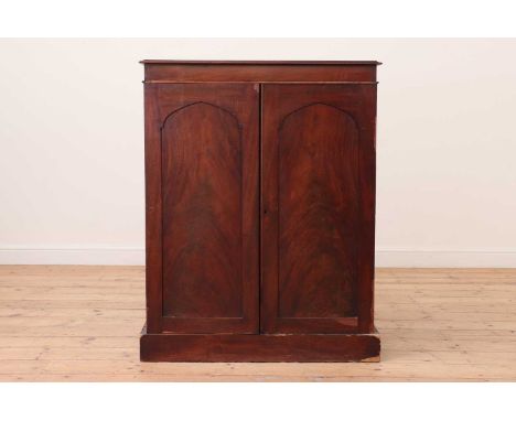 A mahogany collectors cabinet,19th century, having a pair of panel doors enclosing drawers on a plinth base, many of the draw