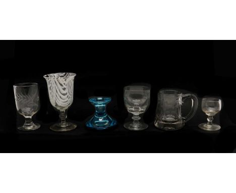 A collection of glassware,to include a Victorian Nailsea pattern goblet with a bell form bowl and knoppped stem, 16.5cm high,