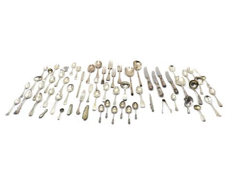 A collection of George III and later silver flatware,to include a George III Scottish silver ladle, another similar Victorian