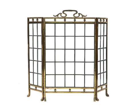 An Edwardian brass metal triple fireguard,with bevelled glass and leaded panels,84cm high48cm wideeach 'wing' 22cm wideMeal r