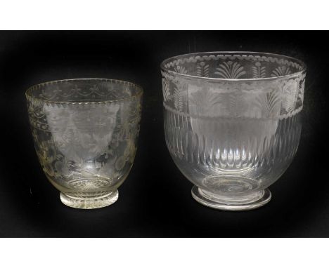 A glass tea caddy mixing bowl,c.1800, of footed form, engraved with a foliate border,12cm diameter,12.1cm high,together with 