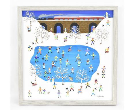 Gordon Barker (contemporary Devon artist), acrylic on board, depicting children playing in the snow around an ice rink, signe