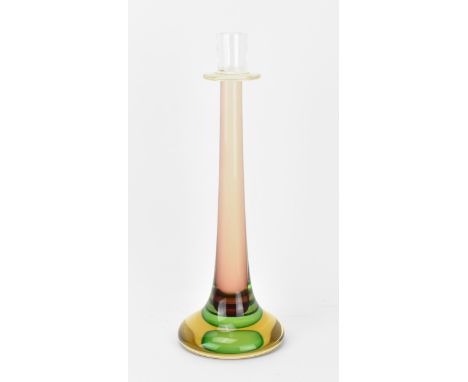 A Sommerso Murano candlestick, circa 1960s, of tapered form with spreading circular base, in tones of amber/pink, yellow and 