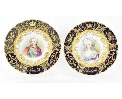 A pair of 19th century French porcelain portrait plates, with Sevres stamp, depicting portraits of Louis XV and Marie Thérèse