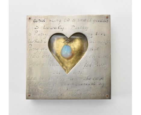 Barbara Christie (1946-2013), a modernist white metal and opal brooch, of square form with central cut out heart with glass i