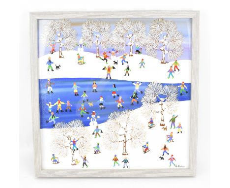 Gordon Barker (contemporary Devon artist), acrylic on board, depicting children playing in the snow around an ice rink, signe