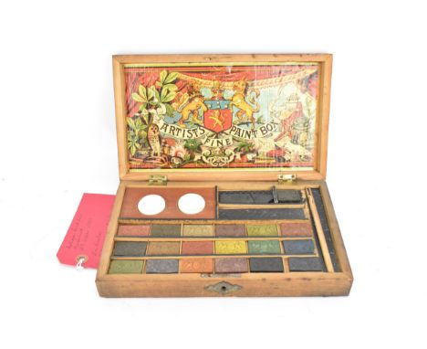 A small 19th century artist colour box, circa 1880, containing some original paint/watercolour blocks, the exterior decorated