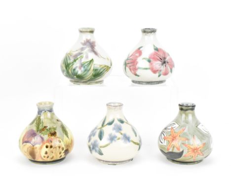 A collection of five Cobridge ceramic bud vases, with various floral and fruit patterns, each with impressed marks to undersi