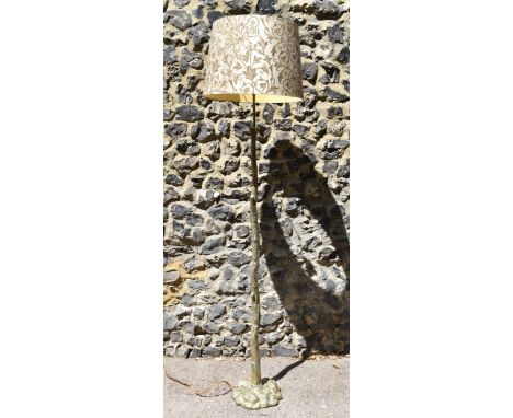 A mid-century French twig floor lamp designed by Vaughan Truro, naturalistically made in lost wax technique, with silk shade,