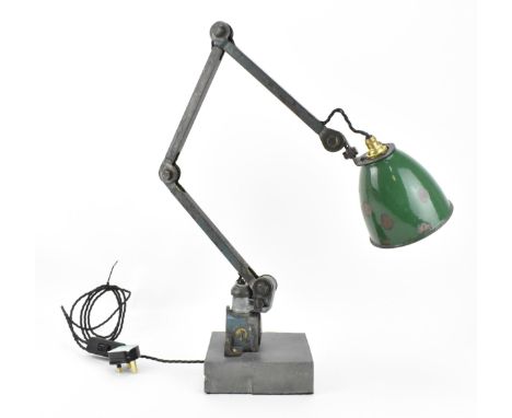 A mid century industrial factory work mountable/ machinist's lamp, with conical forest green shade mounted on a rotating blue