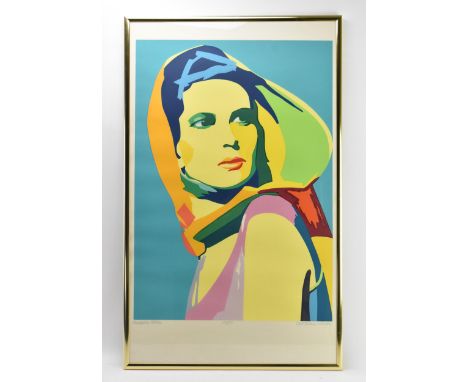 A modern fashion limited edition print 'Romantic Fiction', no. 25/95, depicting a block-colour portrait of a woman, against a