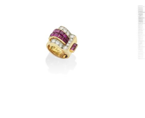 A ruby and diamond dress ring,  by Boucheron, circa 1937The ring of strap and buckle design, set with calibré-cut rubies in c