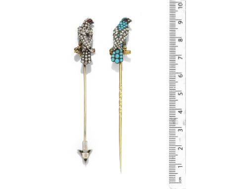 Two late 19th century gem-set falcon stickpinsOne set with cabochon turquoise, with rose-cut diamond wings and a ruby eye, en
