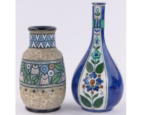 A Doulton Lambeth narrow necked vase,with painted floral bands, height 20cm and an amphora relief moulded ceramic vase, heigh