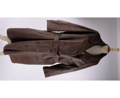 An early 20th century gentleman's brown leather full length motoring or open aircraft coat,label for Limoco.