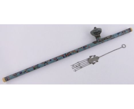 A Chinese Cloisonné enamel pipe with jade bowl,together with Chinese silver pipe cleaning instruments, pipe length 58cm.