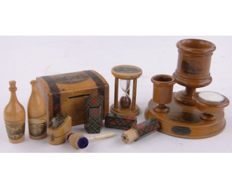 A collection of Victorian treen sewing items,including Mauchlineware, 2 Tartanware boxes, an ivory gavel shaped pin cushion, 