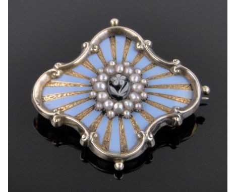 A 19th century unmarked gold enamel and pearl mourning brooch,with central Cameo carved glass panel surrounded by a cluster o