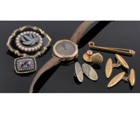 Box of various jewellery,including a 19th century unmarked gold and enamel mourning brooch with central Cameo glass panel, pa