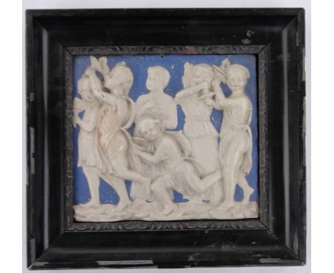 19th century Italian classical design relief ceramic plaque,depicting a procession of Putti, in ebonised frame, overall dimen