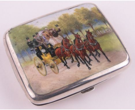 A Victorian silver and hand painted enamelled cigarette case,the lid depicting a horse drawn carriage through Hyde Park, by J