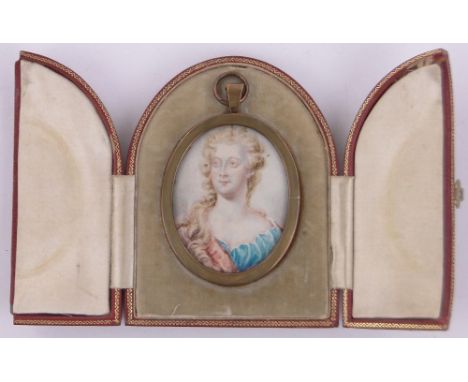 An 18th/19th century miniature watercolour on ivory,possibly a portrait of Queen Anne, unsigned, image height 5.5cm, gilt bra