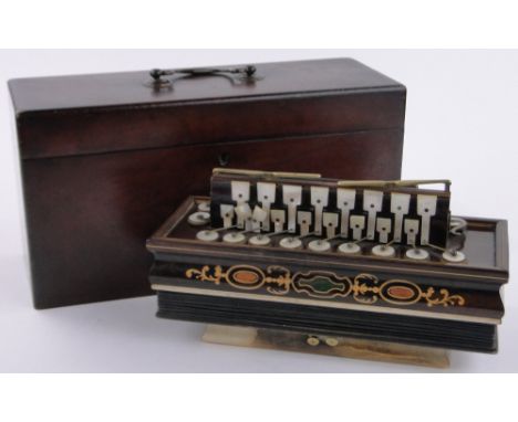A 19th century rosewood and marquetry inlaid Flutina piano accordion,with mother of pearl keys, length 30cm, original mahogan