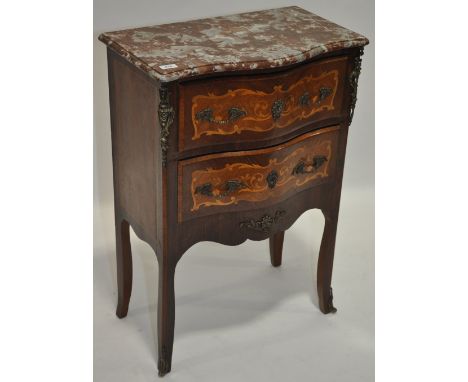 A French Kingwood and marquetry inlaid marble topped serpentine front 2-drawer commode,with ormolu mounts, width 2', height 3