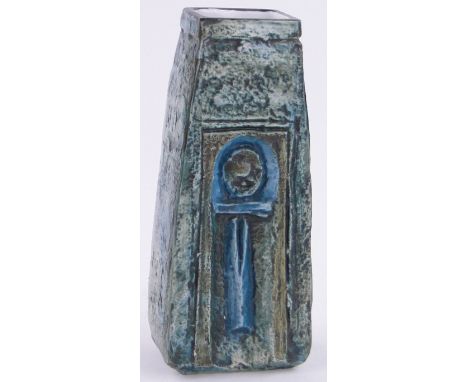 A Troika pottery coffin vase,blue ankh pattern by Louise Graham, height 17cm.