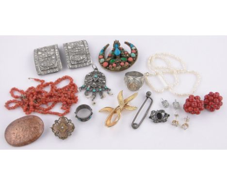 Box containing Eastern brooches, coral, seal ring, etc.