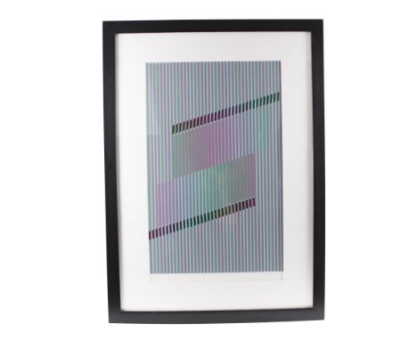 Signed and numbered, kinetic lines in magenta, green, blue, forming visual patterns. Framed.Original signed and numbered by h