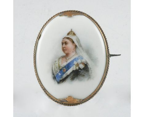Oval, porcelain brooch with print portrait of Queen Victoria.Brooch commemorates the Diamond Jubilee of Queen Victoria. Edges