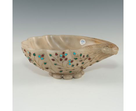 Jade carved dish with wire formed jewel leaves on underside in multicolor enamel.Created in India or Persia. Dimensions: 7.5"