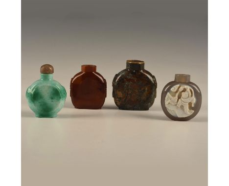 3 stone, 1 porcelain snuff bottles. Various designs. Two without stoppers. Stopper on one missing button. Issued: 19th-20th c