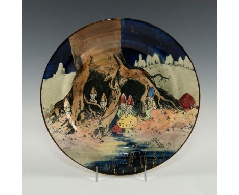 Scene of a tree trunk with six gnomes peeping out from roots.Royal Doulton plate features colorful mushrooms of yellow and re