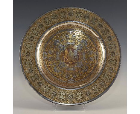English royal crest. Exquisitely inlaid gold and silver on iron, 19th century neo-romantic plate. Most likely from Zuloaga wo