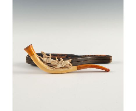 Highly detailed carving of 3 jockeys and horses. Amber stem. CaseA hand carved Meerschaum pipe, modeled as three horses and j