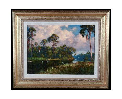 A classic Old Florida, 20th century Impressionist oil painting in the Indian River School tradition. Complete title: "Loxahat