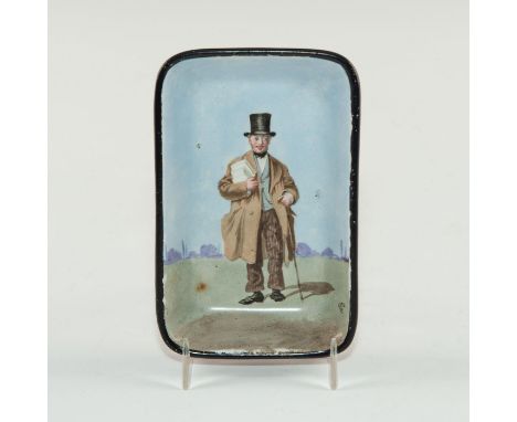 Enamel and glaze depiction of lettered gentleman on a beach. Signed OG.Issued: mid 19th c.Dimensions: 4.75"L X 3"D X 0.75"HCo