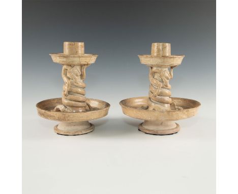 Elegant and simple, cream colored clay with dark undertones make this a substantial pair. 12th century.Large footed two tiere