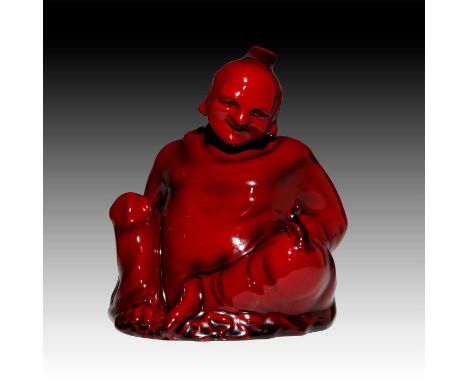 Smiling seated Buddha figurine with a Man seated on his left knee. Doulton flambe stamp with Flambe on bottom. Model 210 impr