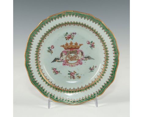 Scalloped edge with green zigzag and gold border floral and family crest in basin. 18th century.Family name in high stylized 