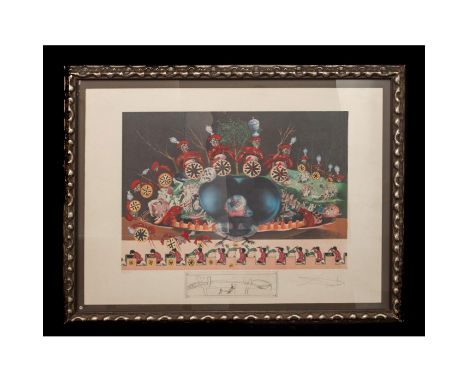 Surrealist. Numbered and signed in pencil.A large framed surrealist style serigraph entitled, DINNER WITH GALA (named for the