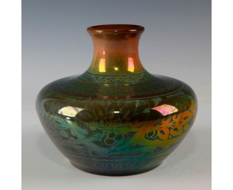 Lustre vase with a band of stylized foliage and accents decorated around the vase. Great even coloring and firing. Gold luste