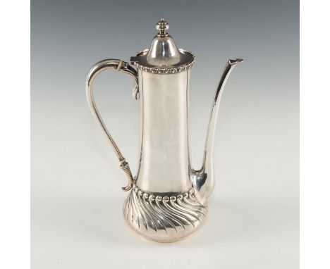 Tall form of hinged lid Chocolate Pot with simple plain sterling handle, classical decoration and ivory fittings. 21.89 Troy 