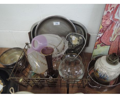 A selection of hardware including printed glass light shade pair